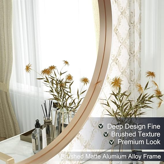 Round Vanity Mirror, 24 Inch Circle Bathroom Mirror, Gold Metal Framed Mirrors, Aluminum Alloy Wall Mounted Mirror