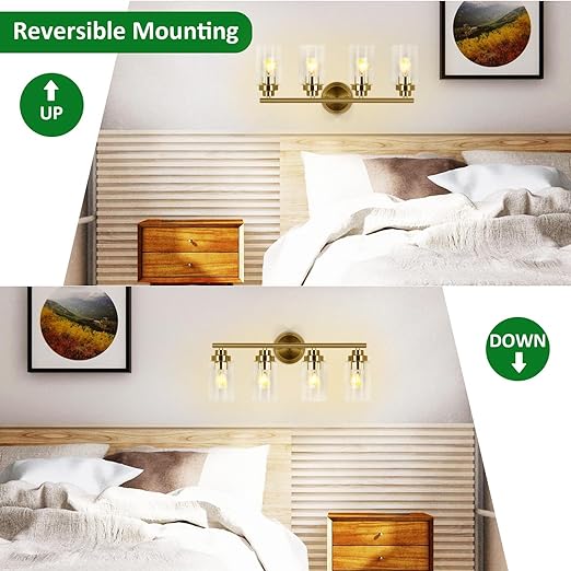 Bathroom Light Fixtures, Gold 4-Light Vanity Light with Clear Glass Shade, Bath Wall Sconces Lighting for Power Room, Mirror