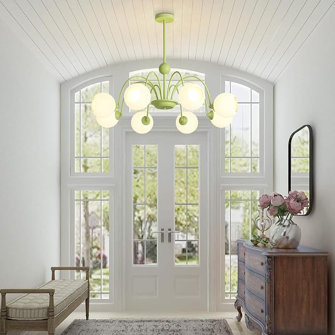 8-Lights Mid Century Modern Sputnik Chandelier Nordic Green Globe Kitchen Island Pendant Lights Milk Glass Ceiling Light Vintage Industrial Chandelier Ceiling Light Fixture