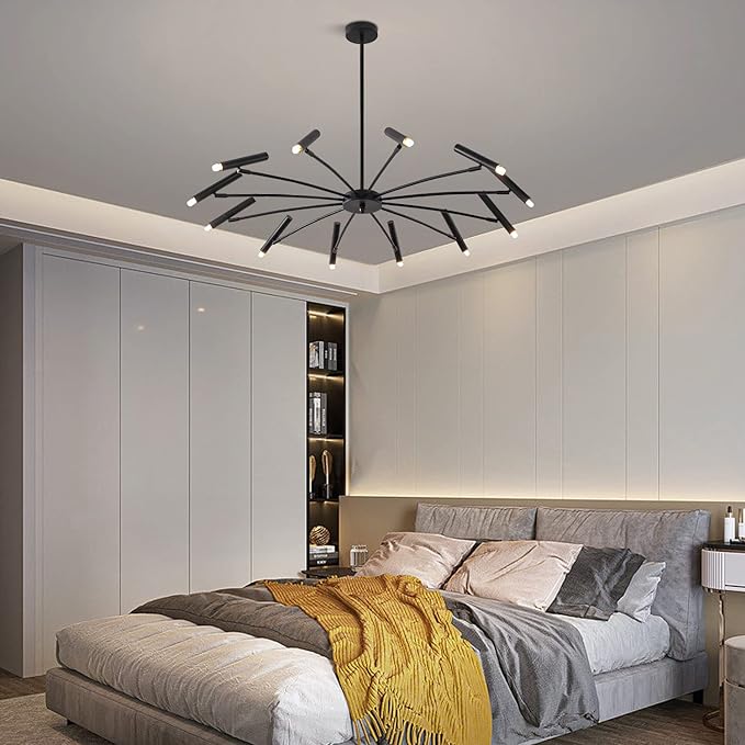 Modern Black Sputnik Chandelier Mid Century Vintage 12-Lights Semi Flush Mount Chandelier Ceiling Light Industrial Satellite Starburst Chandelier Pendant Light (12-Light)