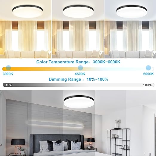 Dimmable LED Flush Mount Ceiling Light Fixture with Remote, Black 13Inch 24W 3000K-6000K Light Color Adjustable, Modern Ultra-Thin Round Close to Ceiling Light