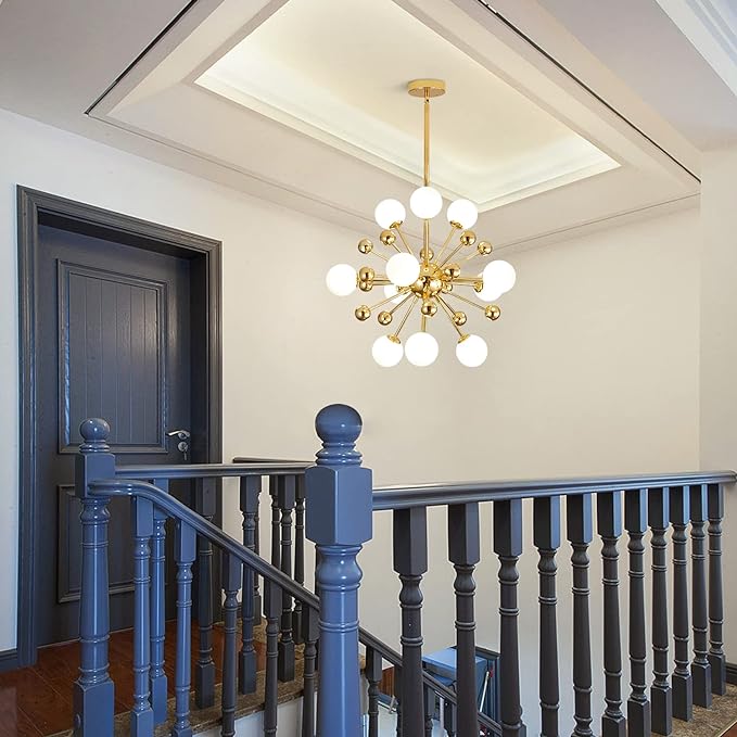 Sputnik Chandelier Lighting Fixture Gold Mid Century Modern Hanging Pendant Light, Frosted Glass Modern Ceiling Pendant Light Living Room Dining Room (11 Lights)