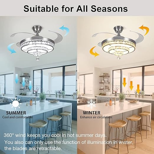 42'' Crystal Ceiling Fan with Light, 36W Modern Ceiling Fan Remote, 3-Blade Retractable Led Fan Chandelier