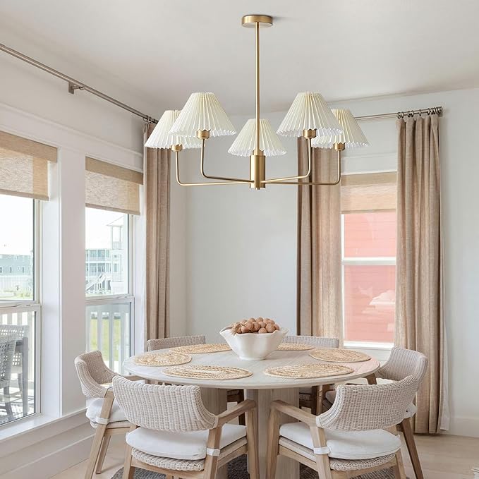 5-Lights White Pleated Fabric Pendant Light Mid Century Modern Brushed Gold Sputnik Chandelier Traditional Dining Living Room Chandelier Above Dining Table