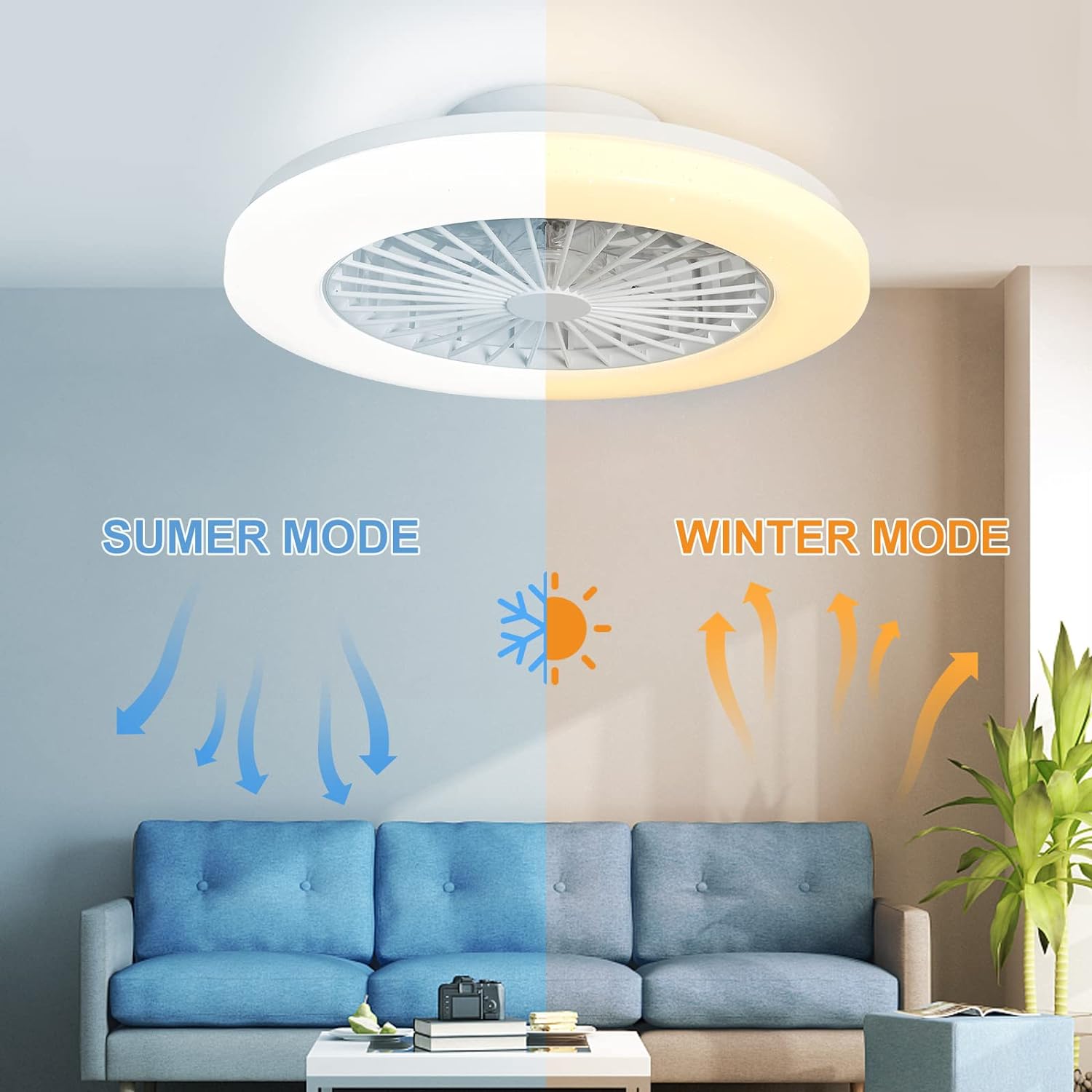 Low Profile Ceiling Fan with Light Smart Bladeless Ceiling Fans with RGB Lights Changing LED 3 Wind Speeds Festival Ambient Flush Mount Fan Light