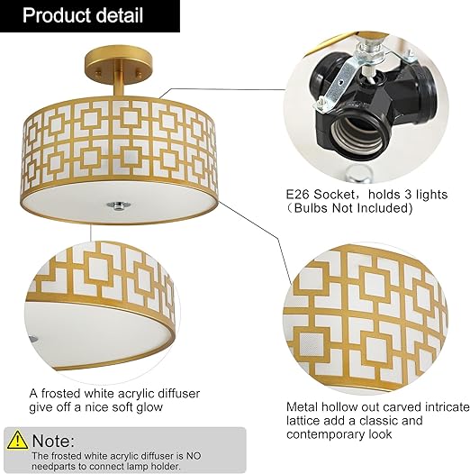 Modern Semi Flush Ceiling Light Fixture, 3-Light Bedroom Ceiling Drum Light, Entry Light Fixtures