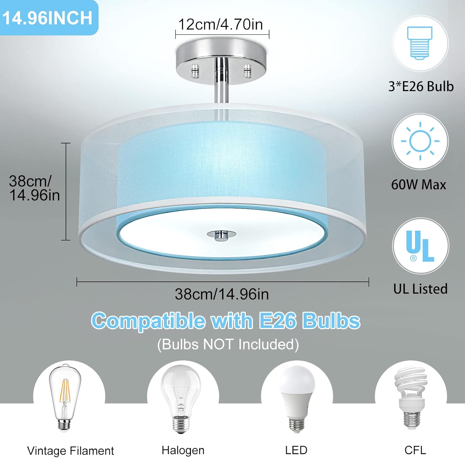 3-Light Semi Flush Mount Ceiling Light Fixture, 15'' Blue Drum Light Ceiling Hanging with Double Fabric Shade