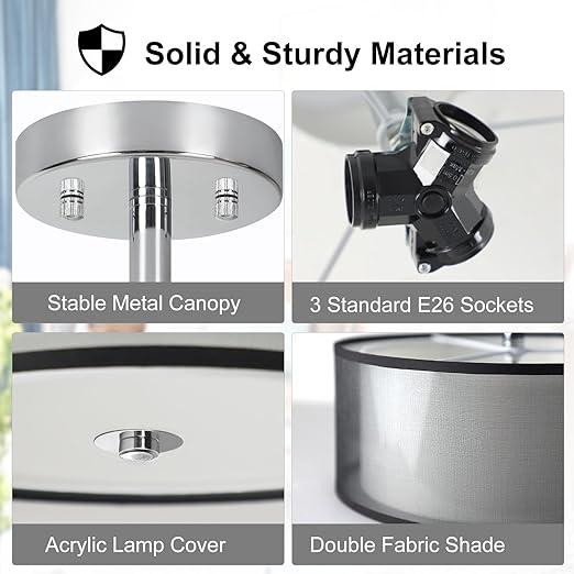 3-Light Semi Flush Mount Ceiling Light Fixture, Modern 15" Black Ceiling Lamp with Double Fabric Shade