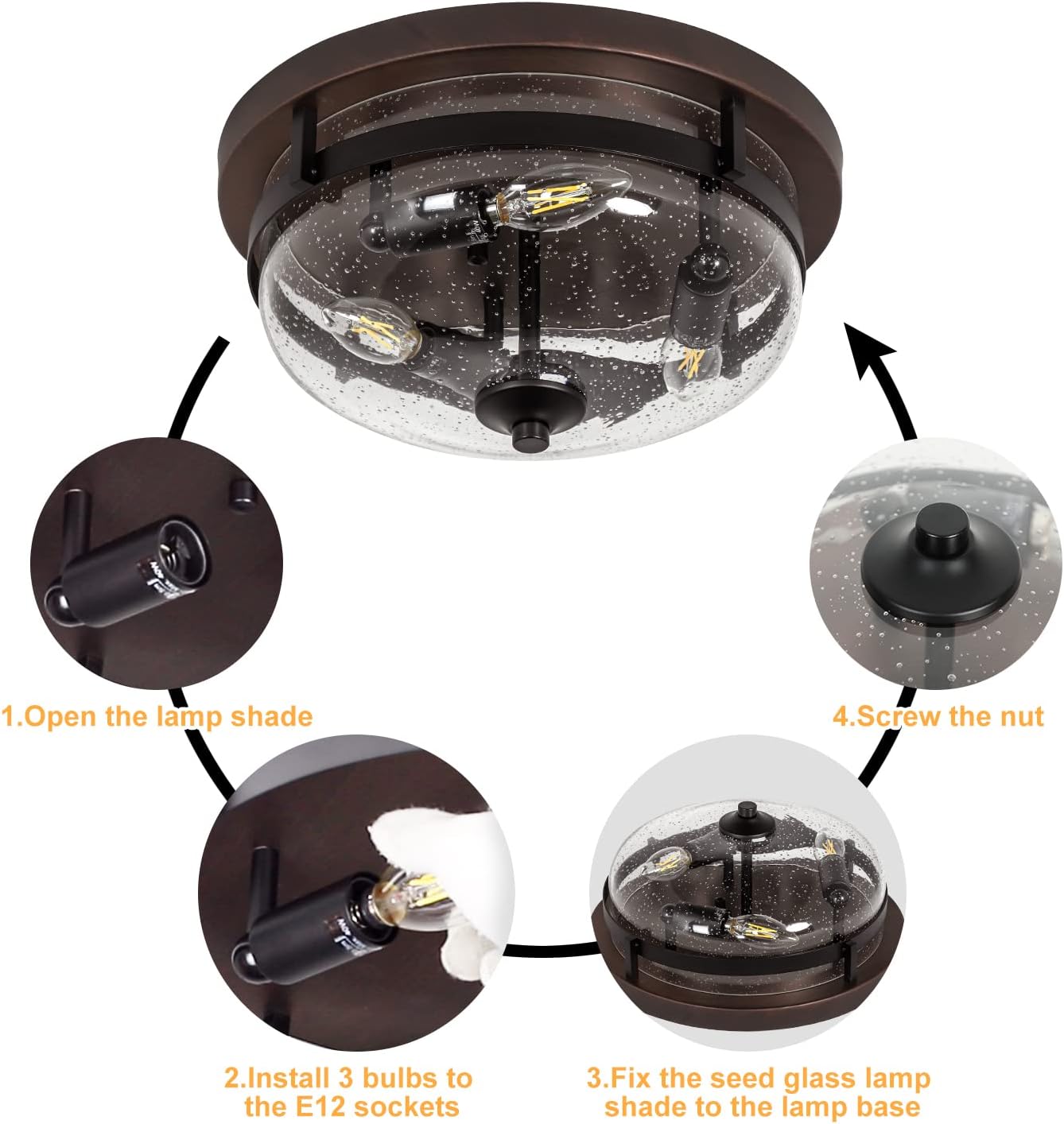 3-Light Flush Mount Ceiling Light, 15 Inch Industrial Close to Ceiling Light Fixture, Farmhouse Ceiling Lighting