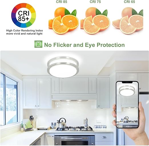 24W Modern LED Flush Mount Ceiling Light with Remote, 10 Inch Dimmable Nickel Round Ceiling Lighting Fixture