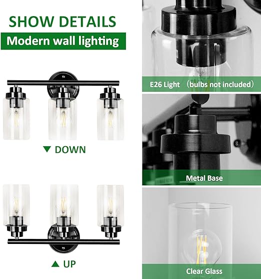 3-Light Wall Light, Bathroom Vanity Light Fixture with Clear Glass Shade, Black Wall Sconces Lighting