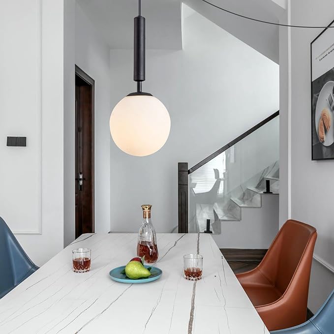 Modern White Glass Globe Pendant Light Nordic Plug-in Hanging Light Fixture with Adjustable Wire Postmodern Geometric Ball Chandelier for Kitchen Island Dining Room (Black)