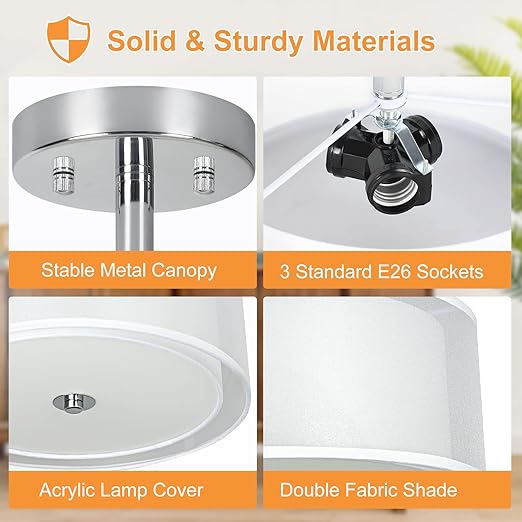 3-Light Modern Semi Flush Mount Ceiling Light Fixture, 12.6’’ Drum Light with Double Fabric Shade, Brushed Chrome Close to Ceiling Lights