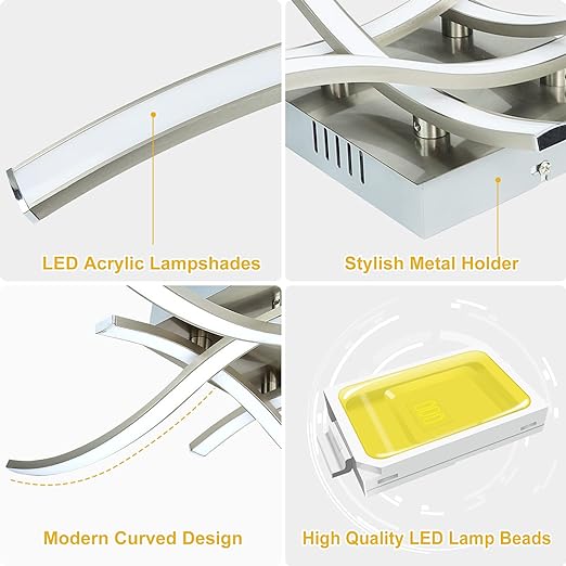 4-Light Modern LED Ceiling Light, 18W Curved Design Ceiling Lamp Fixture Brushed Nickel, 3000K 1650LM Flush Mount