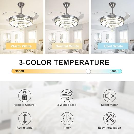 42'' Crystal Ceiling Fan with Light, 36W Modern Ceiling Fan Remote, 3-Blade Retractable Led Fan Chandelier