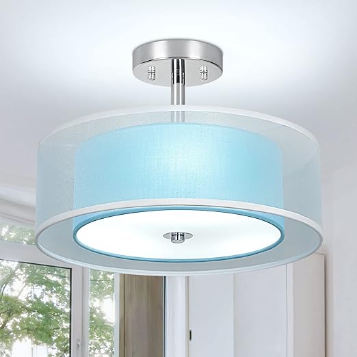 3-Light Semi Flush Mount Ceiling Light Fixture, 15'' Blue Drum Light Ceiling Hanging with Double Fabric Shade
