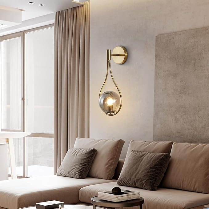 Modern Vintage Gold Teardrop Wall Sconce Farmhouse Globe Wall Light Fixture Cordless Sconces Wall Lighting for Stairwell Bathroom Bedroom (Gold + Smoke Grey)