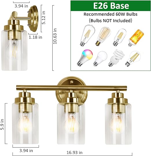 Bathroom Vanity Light Fixture, 3-Light Wall Light with Clear Glass Shade