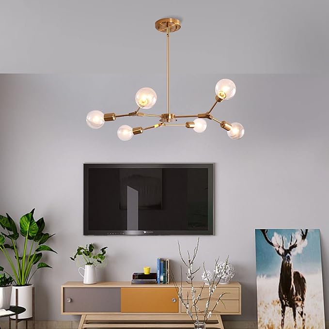 Modern Sputnik Chandelier Brushed Brass Hanging Lamp Industrial Flush Mount Ceiling Light Fixture Adjustable Hanging Lamp for Living Room (6 Lights Gold)