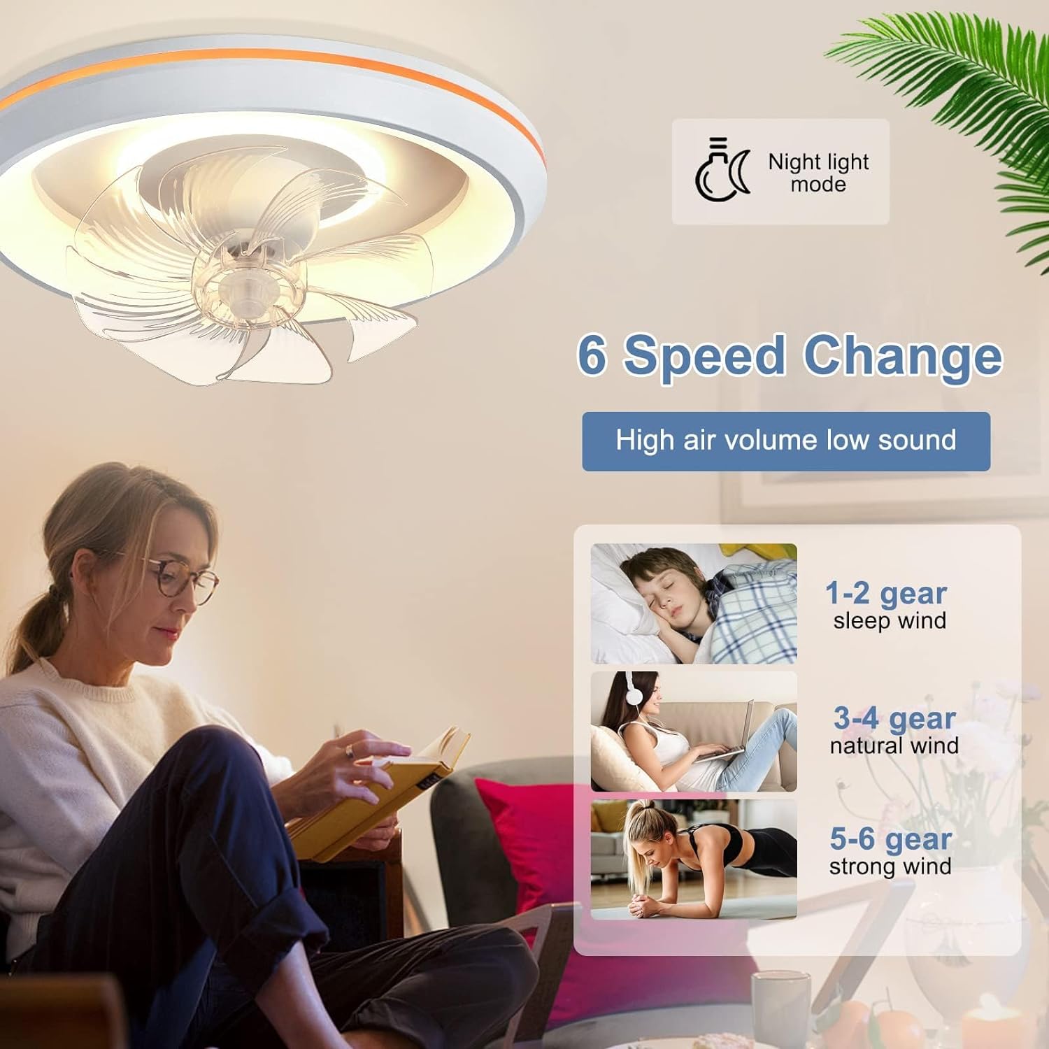 Modern 360-Degree Rotation Low Profile Ceiling Fans with Lights and Remote, Dimmable LED Reversible Timing