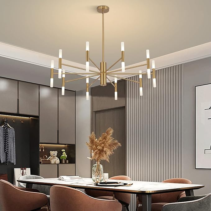 Modern Gold Brass LED Sputnik Chandelier 20-Light Luxury Round Pendant Lighting Fixture with White Acrylic Lampshade for Dining Room Living Room Bedroom