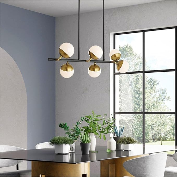Mid Century Modern Chandelier Black Gold Globe Pendant Light Fixture 6-Light Industrial Milk Glass Chandelier for Kitchen Island Dining Room