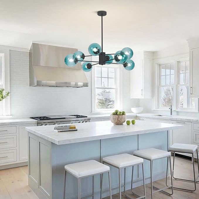 Modern 8-Lights Blue Glass Sputnik Chandelier Mid-Century Matte Black Globe Flush Mount Chandelier Industrial Large Glass Ball Sputnik Chandelier Pendant Lamp (Black+Blue)