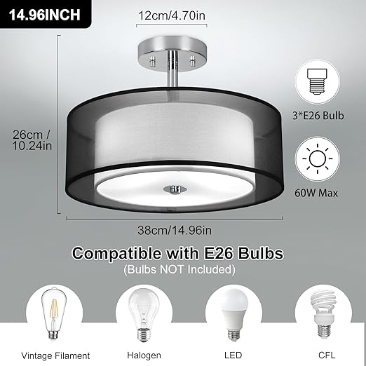 3-Light Semi Flush Mount Ceiling Light Fixture, Modern 15" Black Ceiling Lamp with Double Fabric Shade