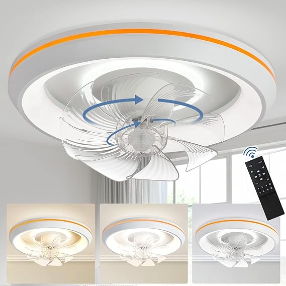 Modern 360-Degree Rotation Low Profile Ceiling Fans with Lights and Remote, Dimmable LED Reversible Timing