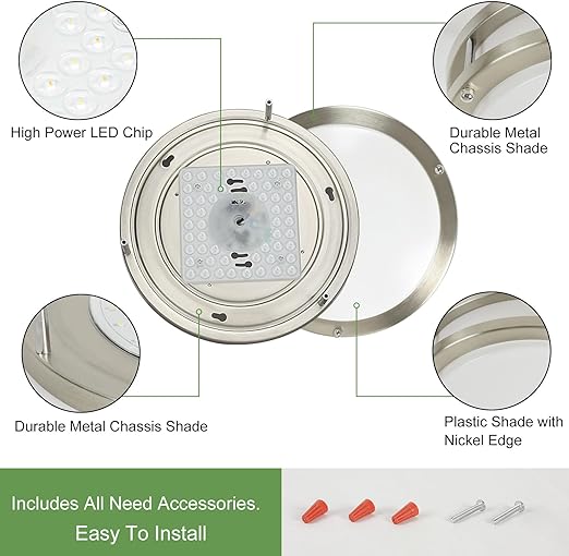 24W Modern LED Flush Mount Ceiling Light with Remote, 10 Inch Dimmable Nickel Round Ceiling Lighting Fixture