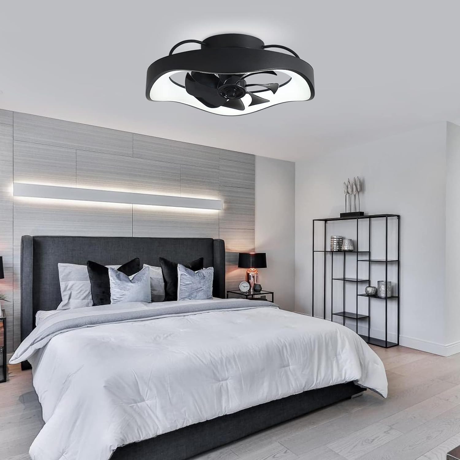 Low Profile Ceiling Fan-360-Degree Oscillating, Flush Mount Ceiling Fan with Light and Remote, Dimmable LED