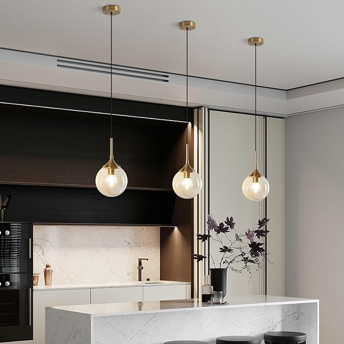 Mid Century Modern Pendant Chandelier 1-Light Gold Glass Globe Pendant Light Brushed Brass Pendant Light Large Kitchen Pendant Lighting Over Island (Amber)