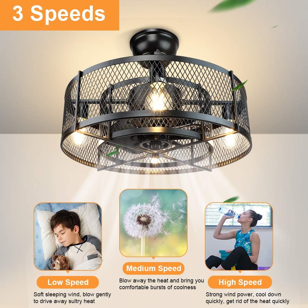 20Inch Caged Ceiling Fan with Light, Farmhouse Ceiling Fan Lights with Remote, Industrial Ceiling Fans