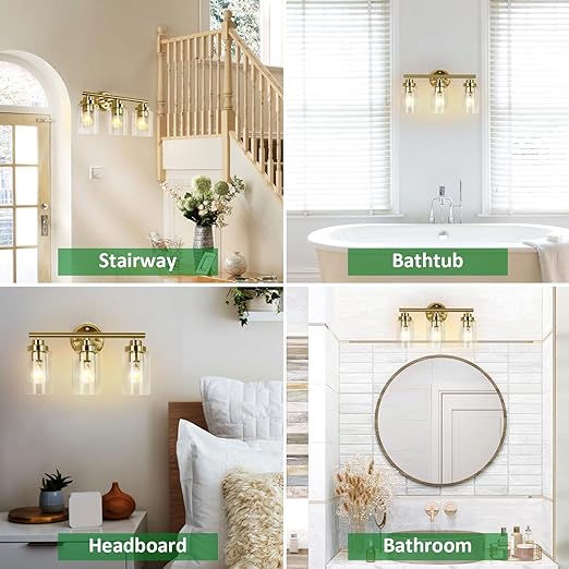 Bathroom Vanity Light Fixture, 3-Light Wall Light with Clear Glass Shade