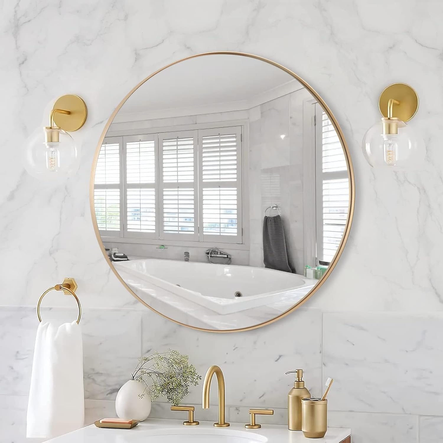 Round Vanity Mirror, 24 Inch Circle Bathroom Mirror, Gold Metal Framed Mirrors, Aluminum Alloy Wall Mounted Mirror
