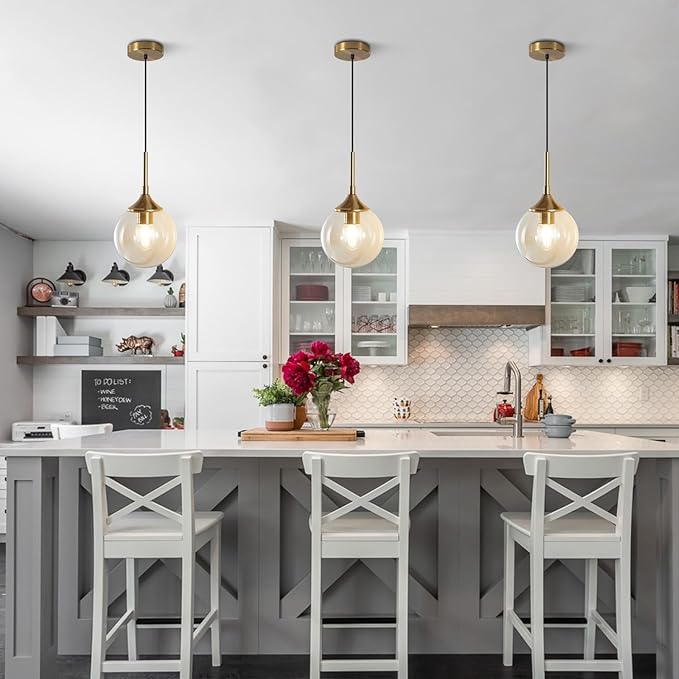 Mid Century Modern Pendant Chandelier 1-Light Gold Glass Globe Pendant Light Brushed Brass Pendant Light Large Kitchen Pendant Lighting Over Island (Amber)