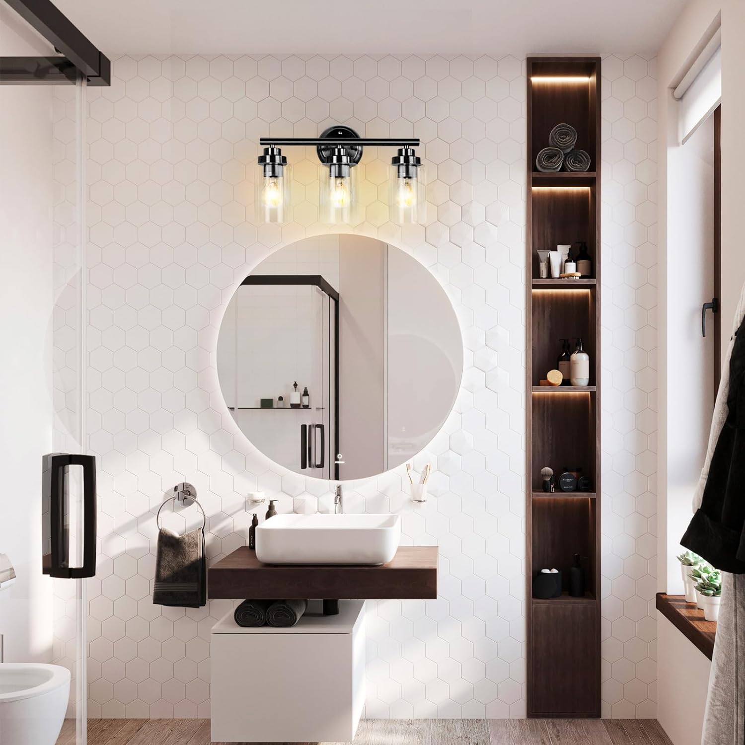 3-Light Wall Light, Bathroom Vanity Light Fixture with Clear Glass Shade, Black Wall Sconces Lighting