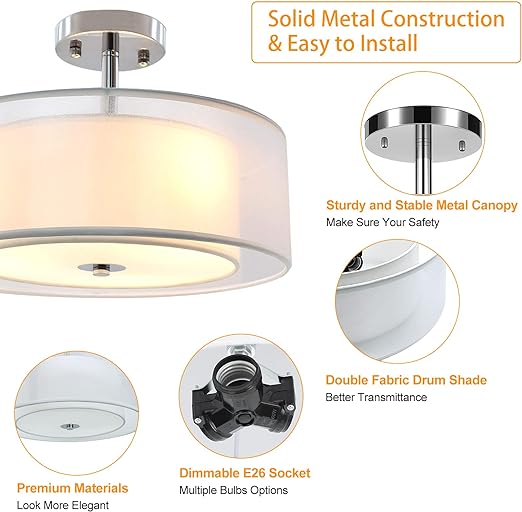 3-Light Industrial Semi Drum Flush Mount Light, 15 Inch Double Drum Pendant Close to Ceiling Light Fixture