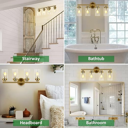 Bathroom Light Fixtures, Gold 4-Light Vanity Light with Clear Glass Shade, Bath Wall Sconces Lighting for Power Room, Mirror