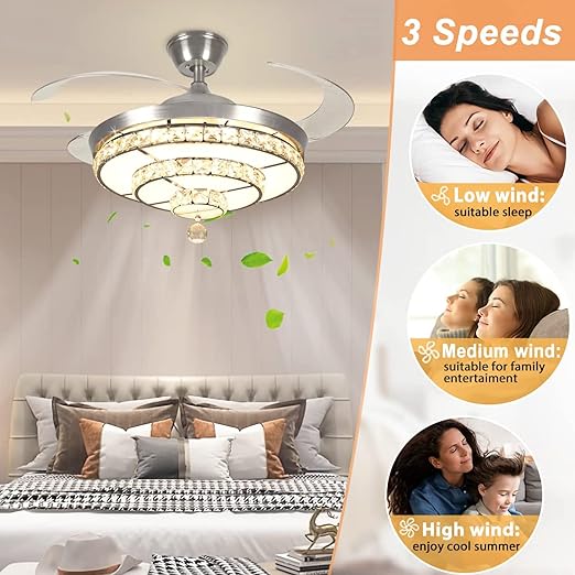 42'' Crystal Ceiling Fan with Light, 36W Modern Ceiling Fan Remote, 3-Blade Retractable Led Fan Chandelier