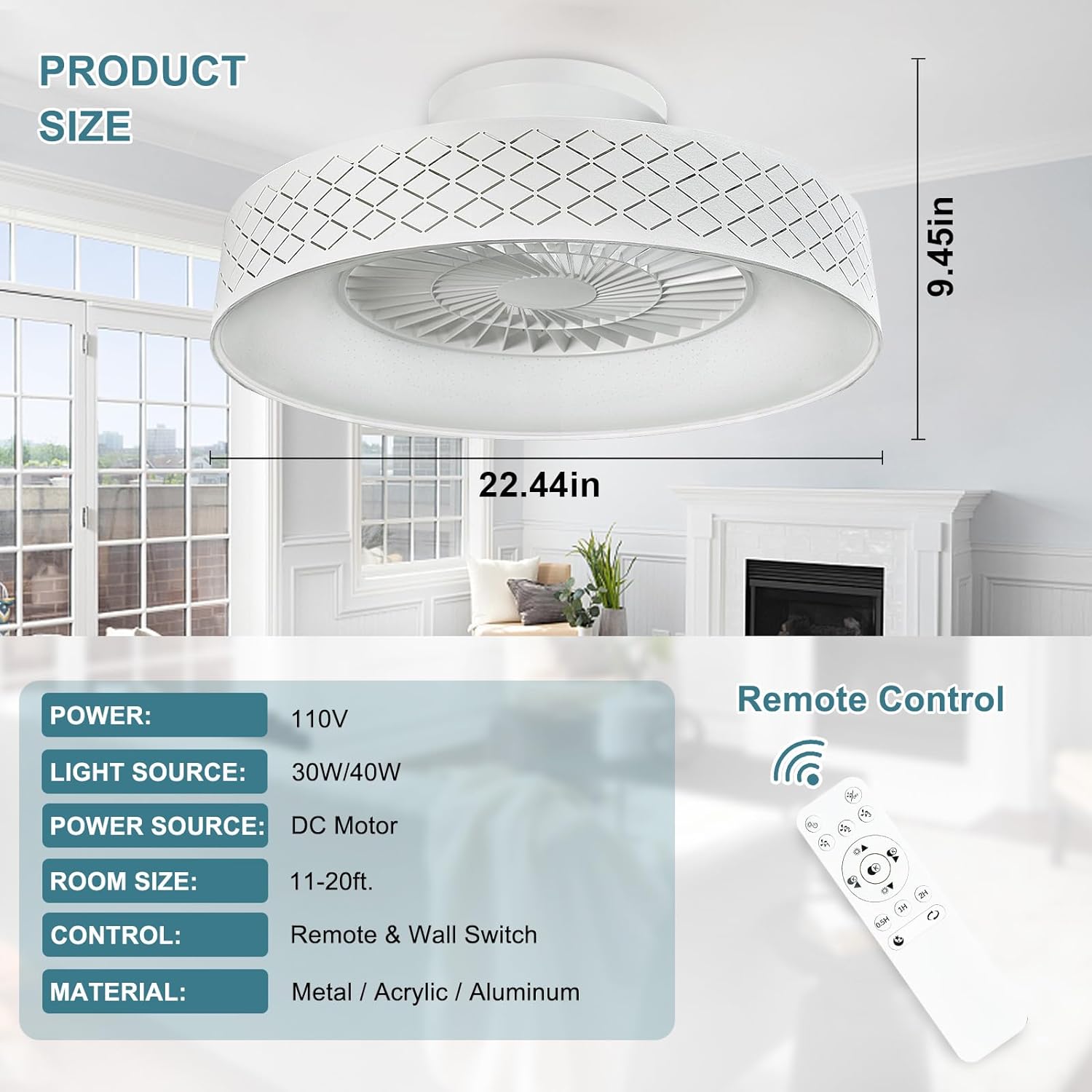 Low Profile Ceiling Fan with Light, 22.5'' LED Dimmable Ceiling Fans with Lights and Remote, Modern Bladeless Enclosed Ceiling Fan Flush Mount