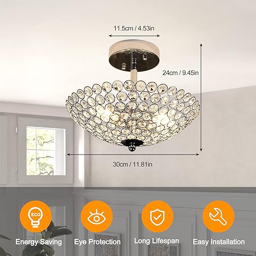 Modern Crystal Ceiling Light, 2-Light Crystal Chandelier Lighting Fixture, Semi Flush Mount