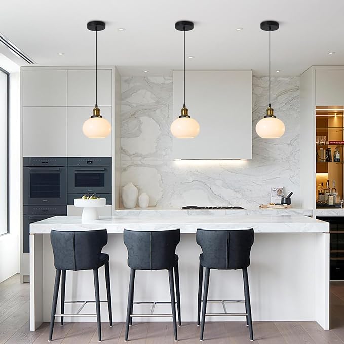 Mid Century Modern 1-Light Large Globe Pendant Lighting Black Brass Industrial Dome Kitchen Island Pendant Light Fixture Gold White Glass Ball Hanging Ceiling Light