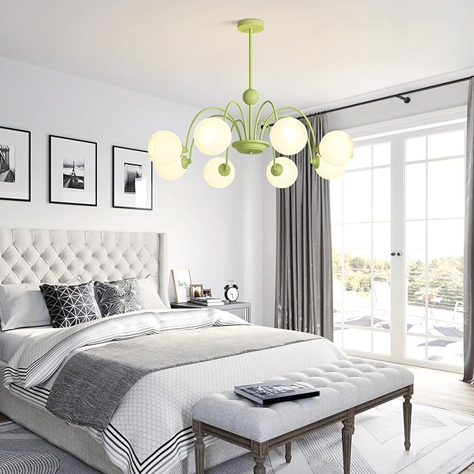 8-Lights Mid Century Modern Sputnik Chandelier Nordic Green Globe Kitchen Island Pendant Lights Milk Glass Ceiling Light Vintage Industrial Chandelier Ceiling Light Fixture