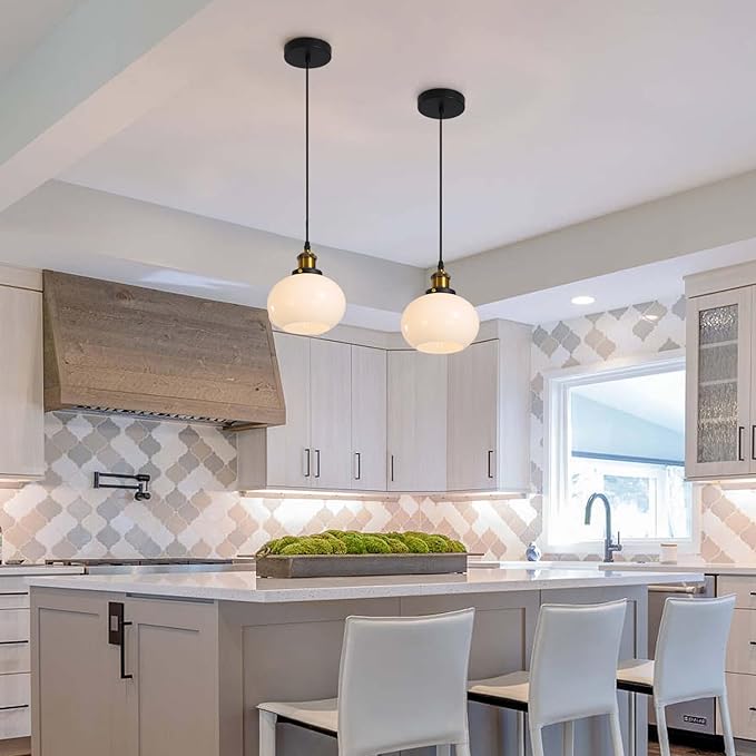 Mid Century Modern 1-Light Large Globe Pendant Lighting Black Brass Industrial Dome Kitchen Island Pendant Light Fixture Gold White Glass Ball Hanging Ceiling Light