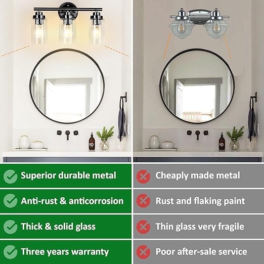 3-Light Wall Light, Bathroom Vanity Light Fixture with Clear Glass Shade, Black Wall Sconces Lighting