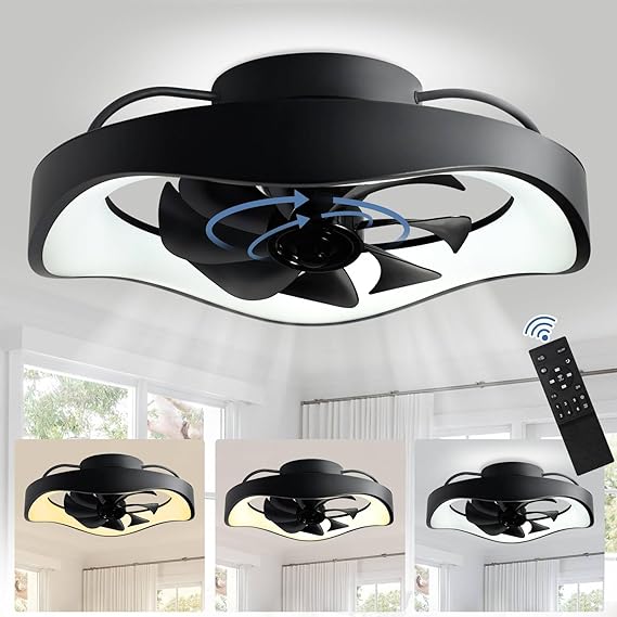 Low Profile Ceiling Fan-360-Degree Oscillating, Flush Mount Ceiling Fan with Light and Remote, Dimmable LED
