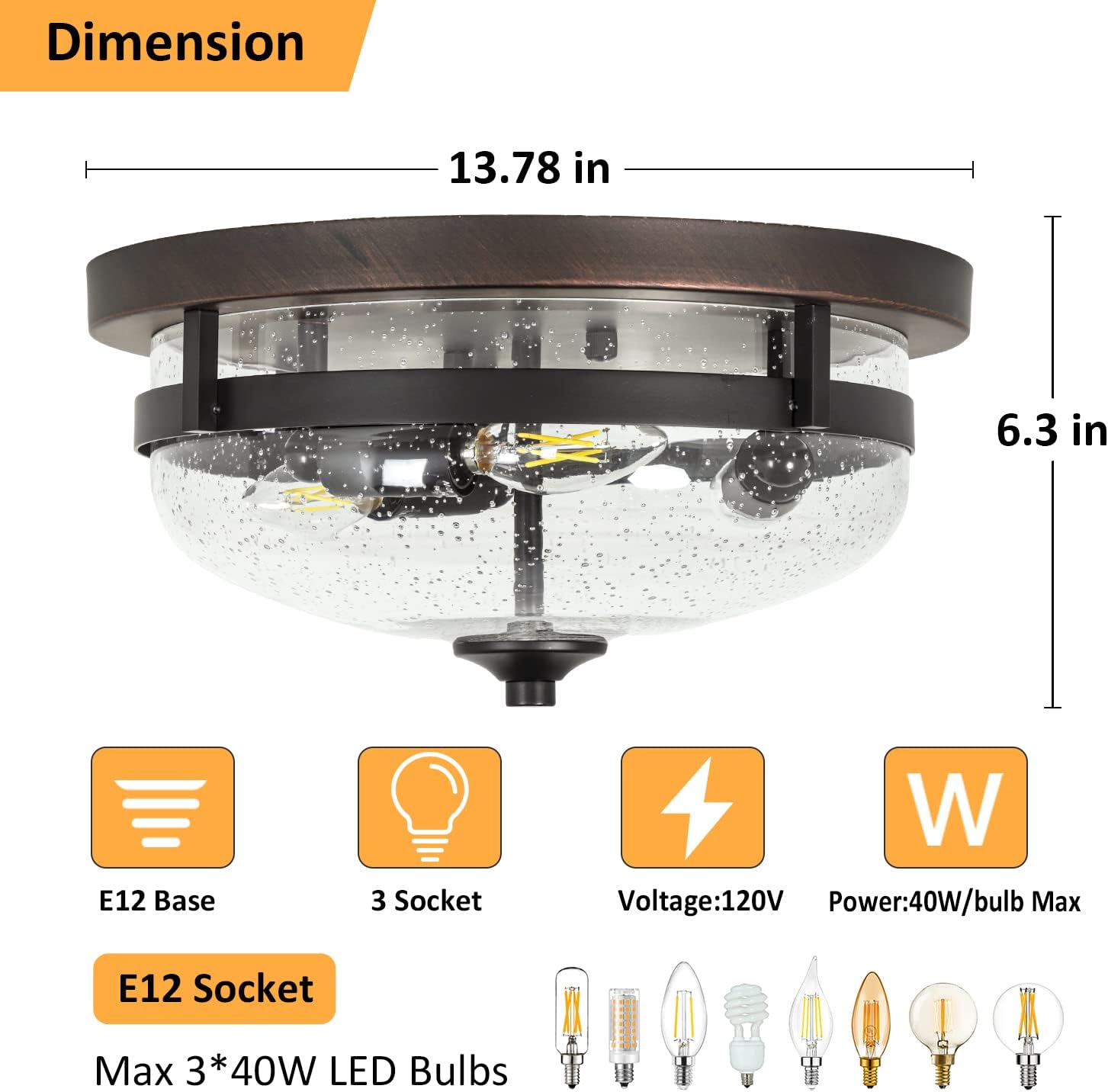 3-Light Flush Mount Ceiling Light, 15 Inch Industrial Close to Ceiling Light Fixture, Farmhouse Ceiling Lighting