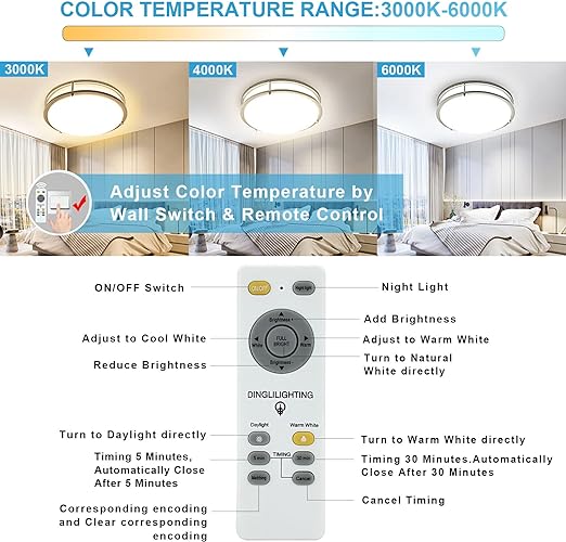 30W Modern Dimmable LED Flush Mount Ceiling Light Fixture with Remote-13.31 Inch Round Close to Ceiling Lights