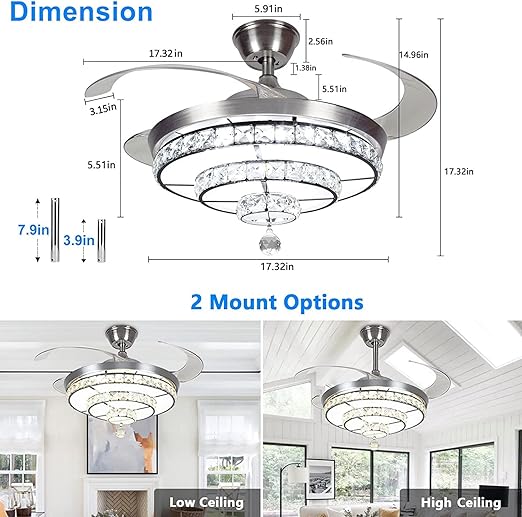 42'' Crystal Ceiling Fan with Light, 36W Modern Ceiling Fan Remote, 3-Blade Retractable Led Fan Chandelier